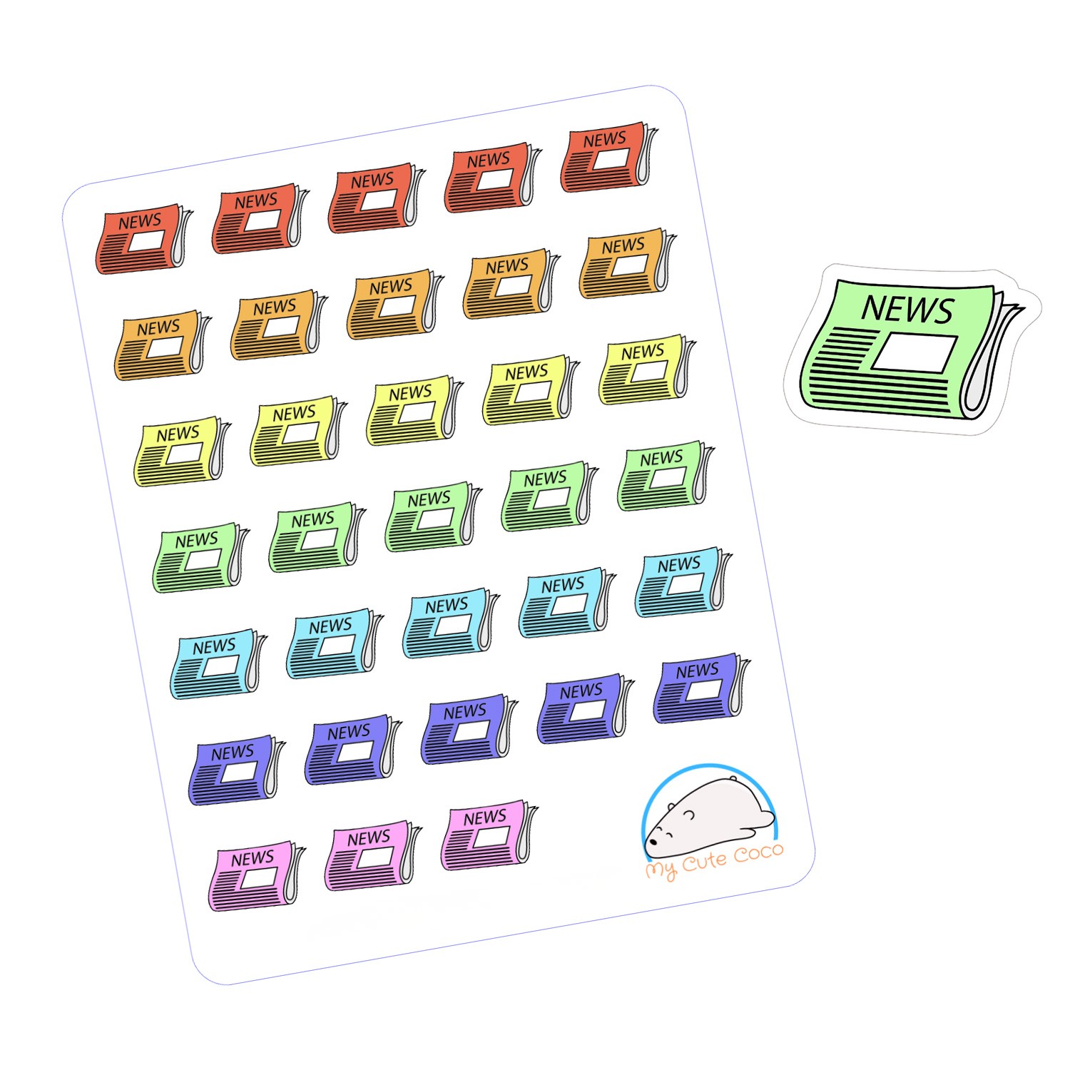 Adorable Newspaper Planner Stickers | Colorful Icons for Scrapbooks, Organizers, Journals, Crafts, and Diaries
