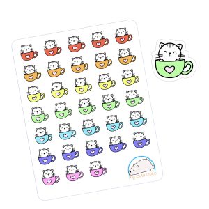 Colorful Cat in Cup Planner Stickers | Adorable Animal Icons for Planners, Journals, & Scrapbooks