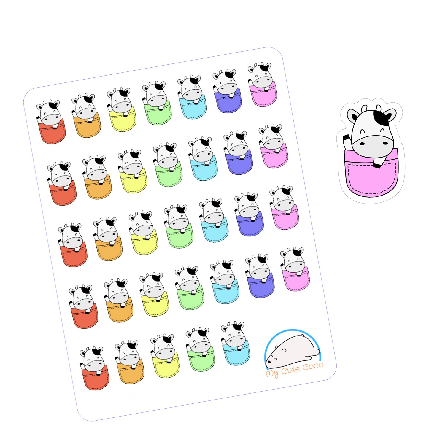 Cute Cow in a Pocket Planner Stickers | Farm Animal Icons for Crafts, Scrapbooks, and Projects