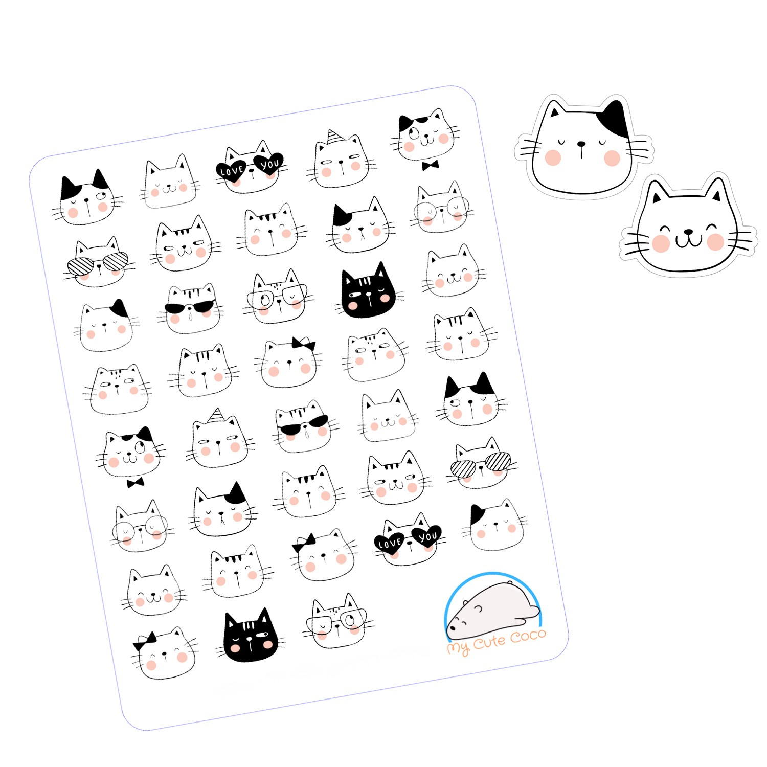 Kawaii Cat Face Planner Stickers | Cute Animal Icons for Journaling & Scrapbooking