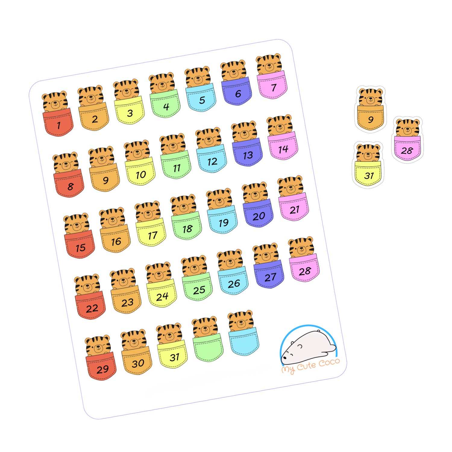 Adorable Tiger in a Pocket Date Covers Planner Stickers | Cute Countdown Icons for Scrapbooks, Journals, Diaries, and Calendars