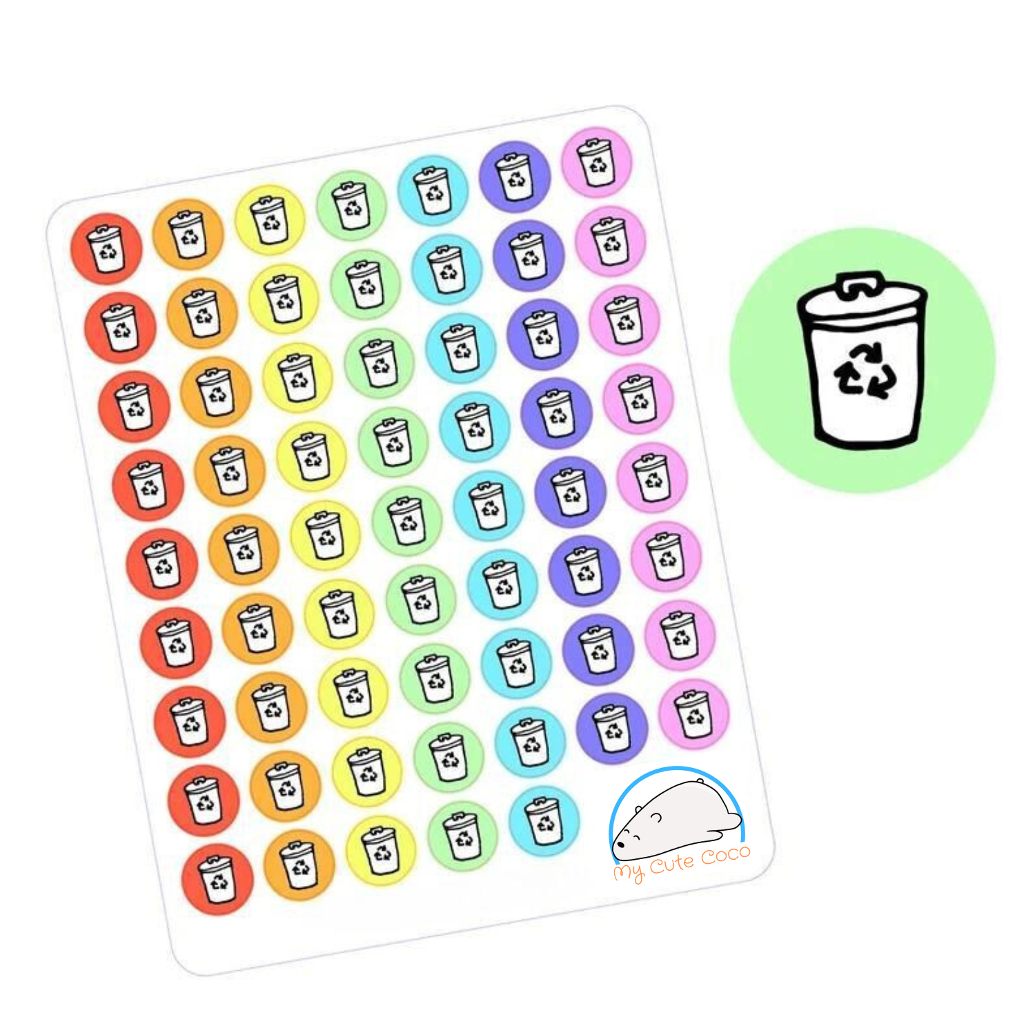 Colorful Recycle Bin Planner Stickers | Adorable Garbage Bin Icons for Scrapbooks, Organizers, Diaries, Journals, and Crafts