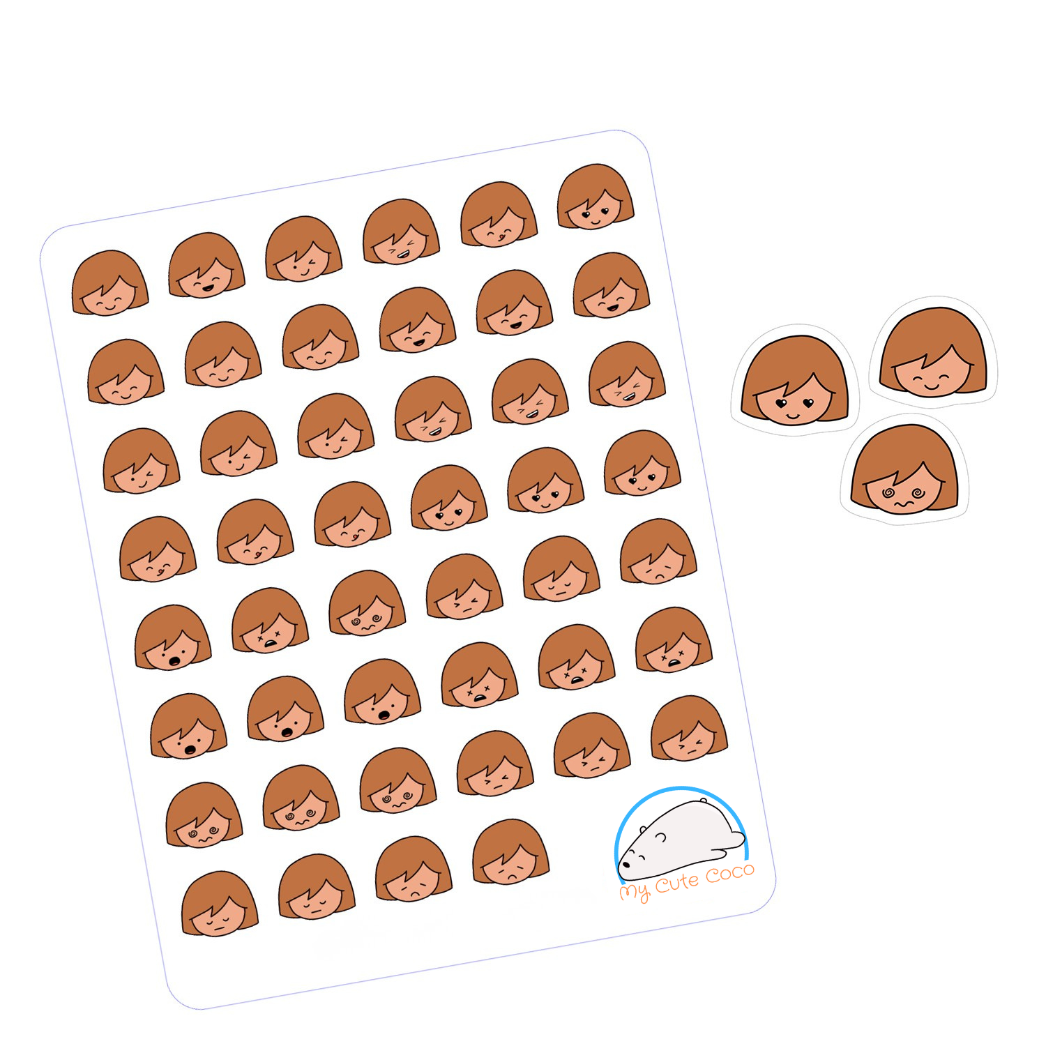 Cute Faces with Brown Hair Planner Stickers | Adorable Emoticon Icons for Scrapbooks, Organizers, Diaries, Journals, and Projects