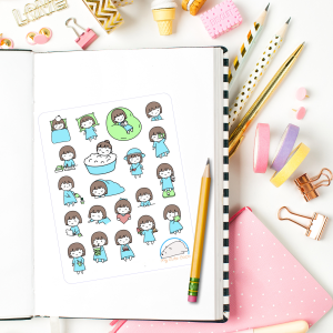 Cute Little Girl in Blue Planner Stickers | Adorable Girl Icons for Scrapbooks, Diaries, Journals, Organization, Crafts, and Projects