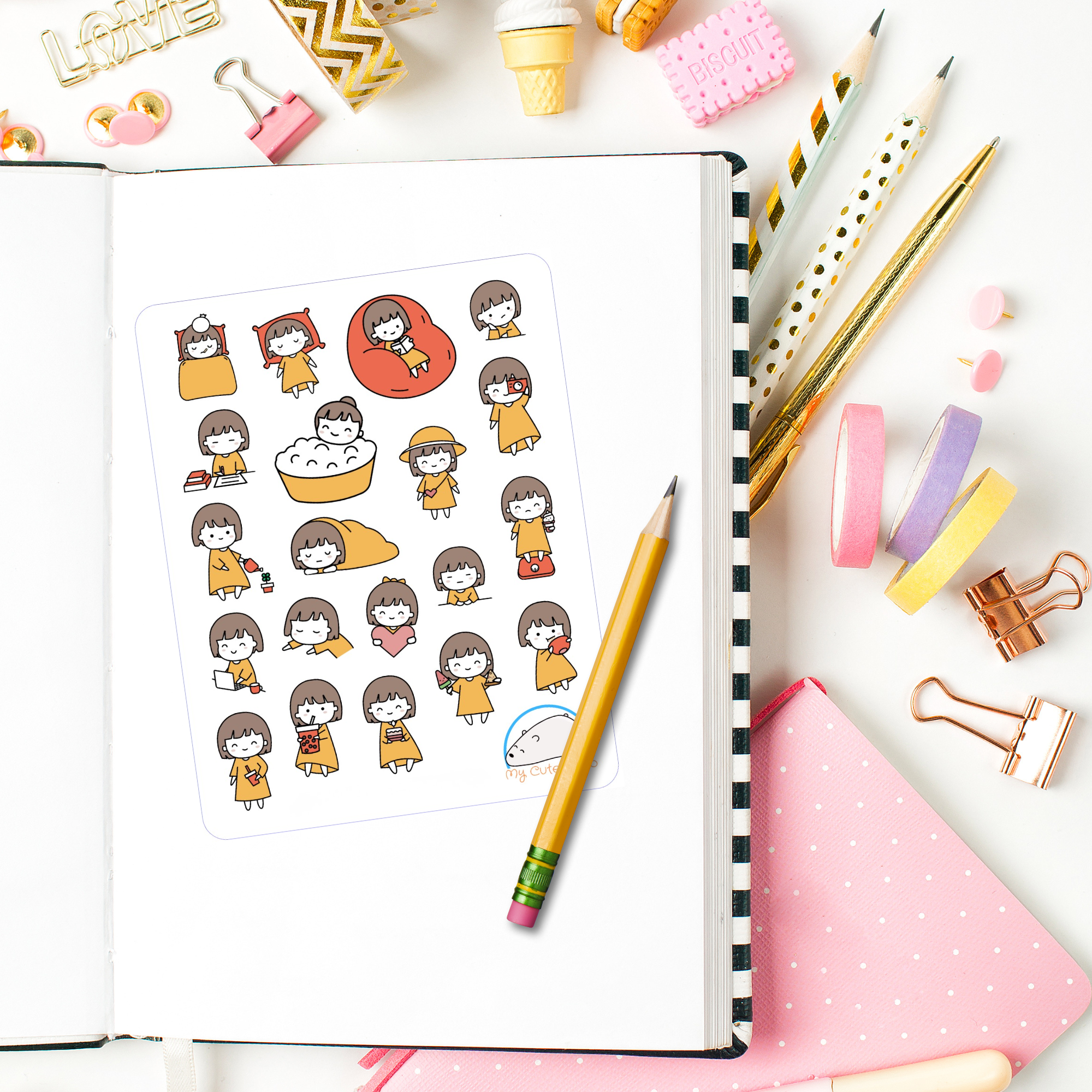 Cute Little Girl in Orange Planner Stickers | Adorable Girl Icons for Scrapbooks, Diaries, Journals, Organization, Crafts, and Projects