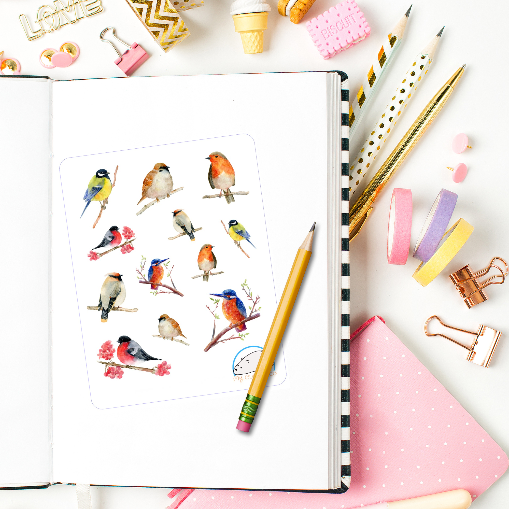 Watercolor Bird Planner Stickers | Colorful Wild Flying Animal Icons for Scrapbooks, Journals, Diaries, Crafts, Embellishments, and Organizers