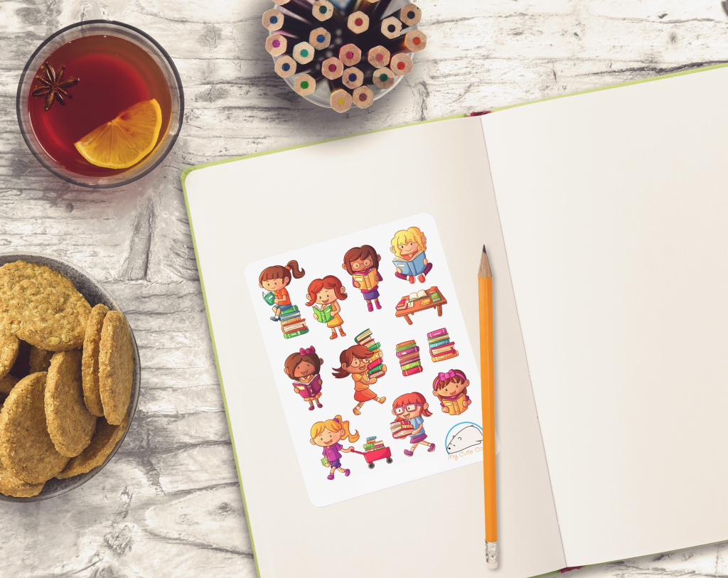 Adorable Girl Reading Books Planner Stickers | Cute People Reading Decals for Scrapbooks, Organizers, Diaries, Journals, & Creative Projects