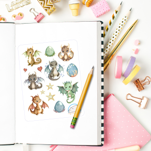 Watercolor Dragon Planner Stickers | Adorable Fantasy Creature Icons for Scrapbooking, Journaling, Crafting, and Organizing