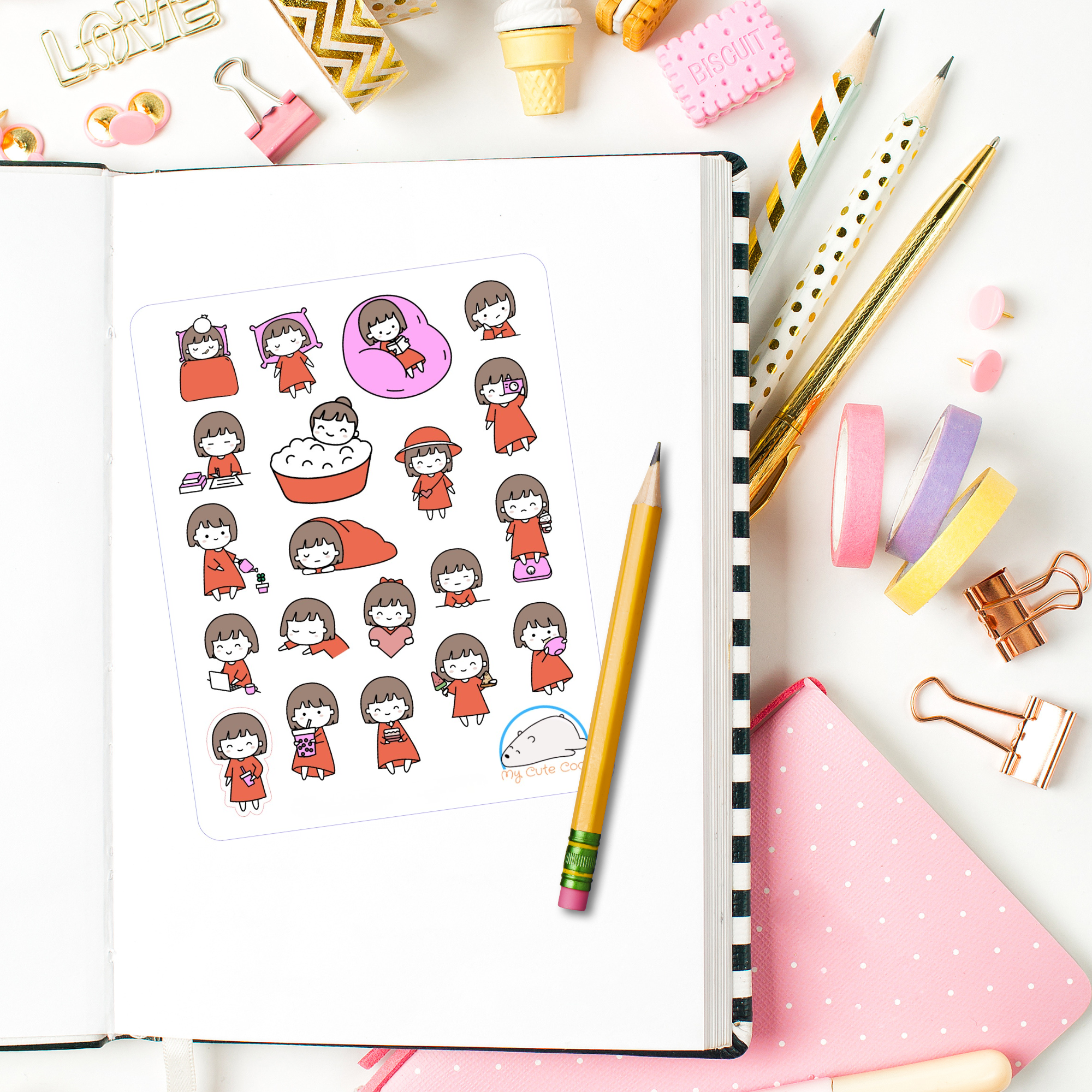 Cute Little Girl in Red Planner Stickers | Adorable Girl Icons for Scrapbooks, Diaries, Journals, Organization, Crafts, and Projects