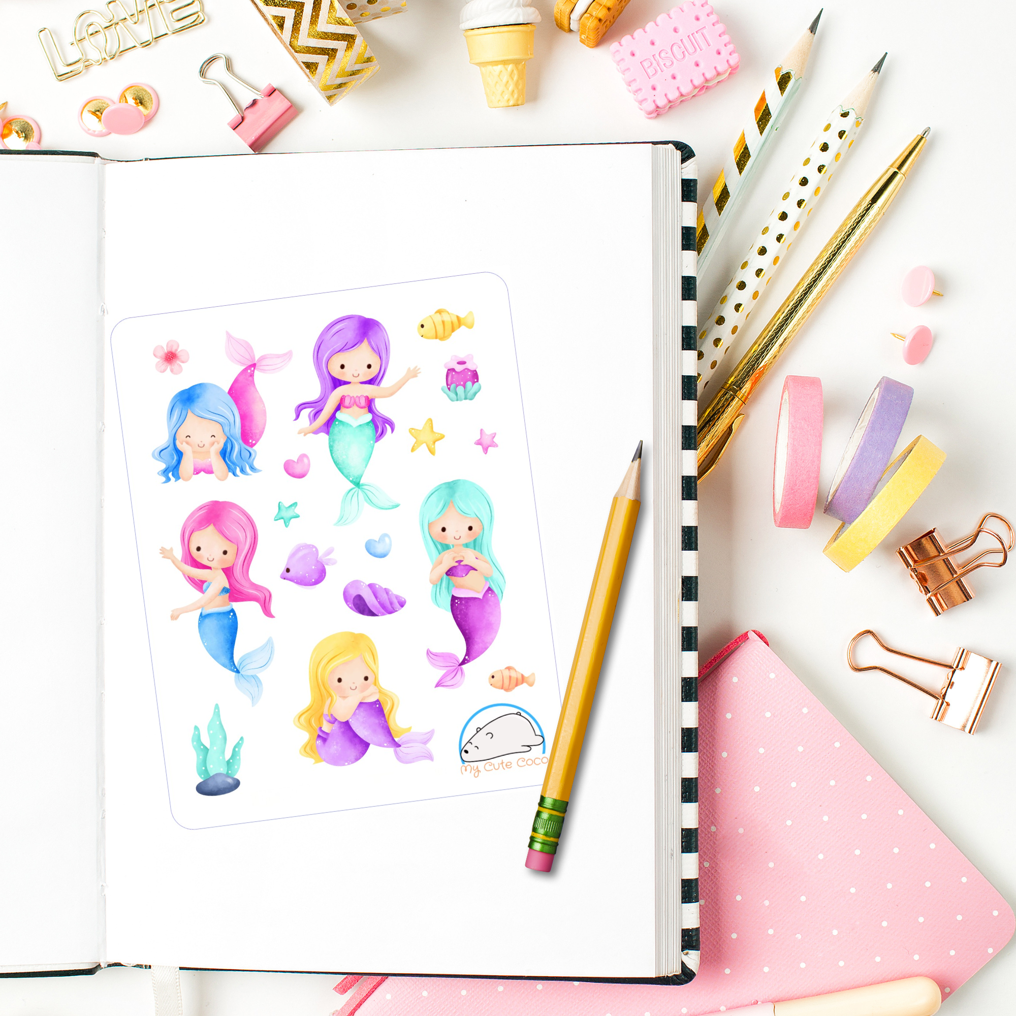 Adorable Mermaid Planner Stickers | Cute Fantasy Creature Decor for Scrapbooks, Diaries, Journals, Organization, Crafts, and Projects