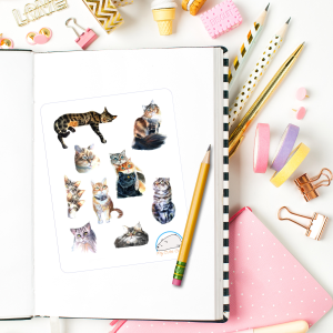 Watercolor Cat Planner Stickers | Adorable Animal Pet Decals for Scrapbooks, Diaries, Journals, Organization, Crafts, and Projects