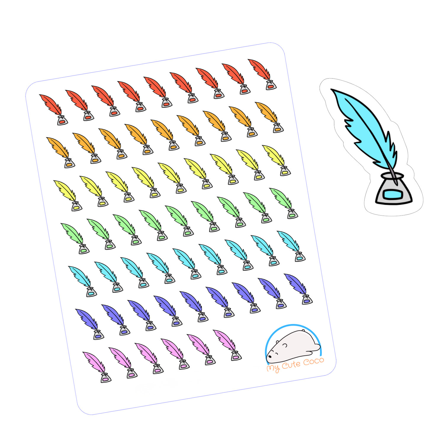 Colorful Feather Pen Planner Stickers | Creative School Supplies Decal for Journaling, Scrapbooking, Crafting, & Organizing