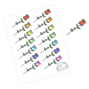 Romantic Rose with Love Text Planner Stickers - Vibrant Floral Icons for Valentines, Scrapbooks, Journals, Diaries, and Creative Crafts
